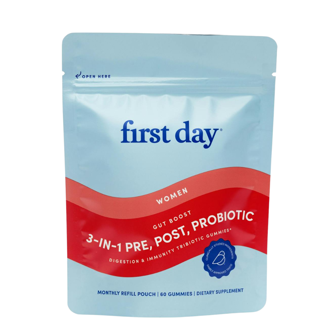 A light blue and red pouch labeled "Women&