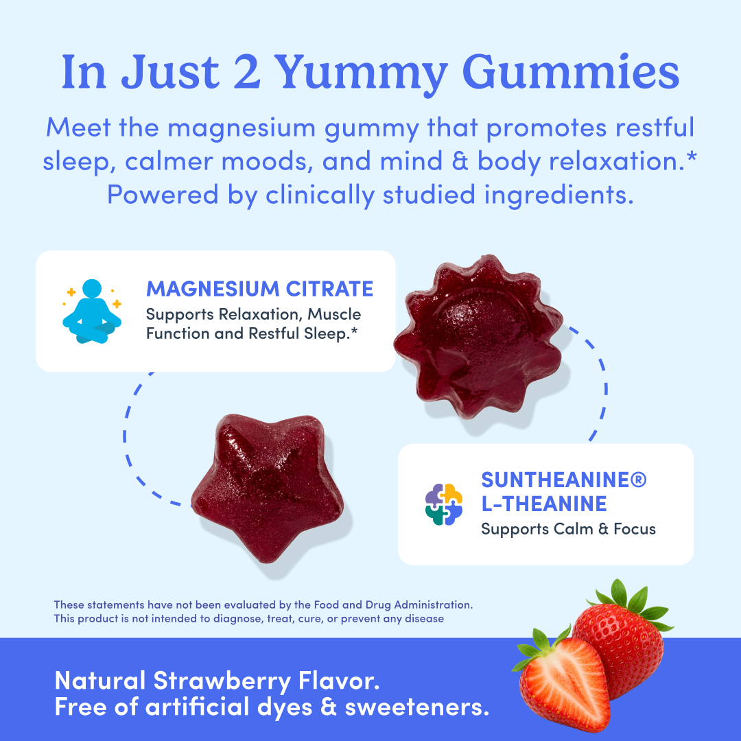 Kids’ Nighttime Reset Magnesium. This product is a dietary supplement for children, packaged as a cylindrical container holding 60 gummies