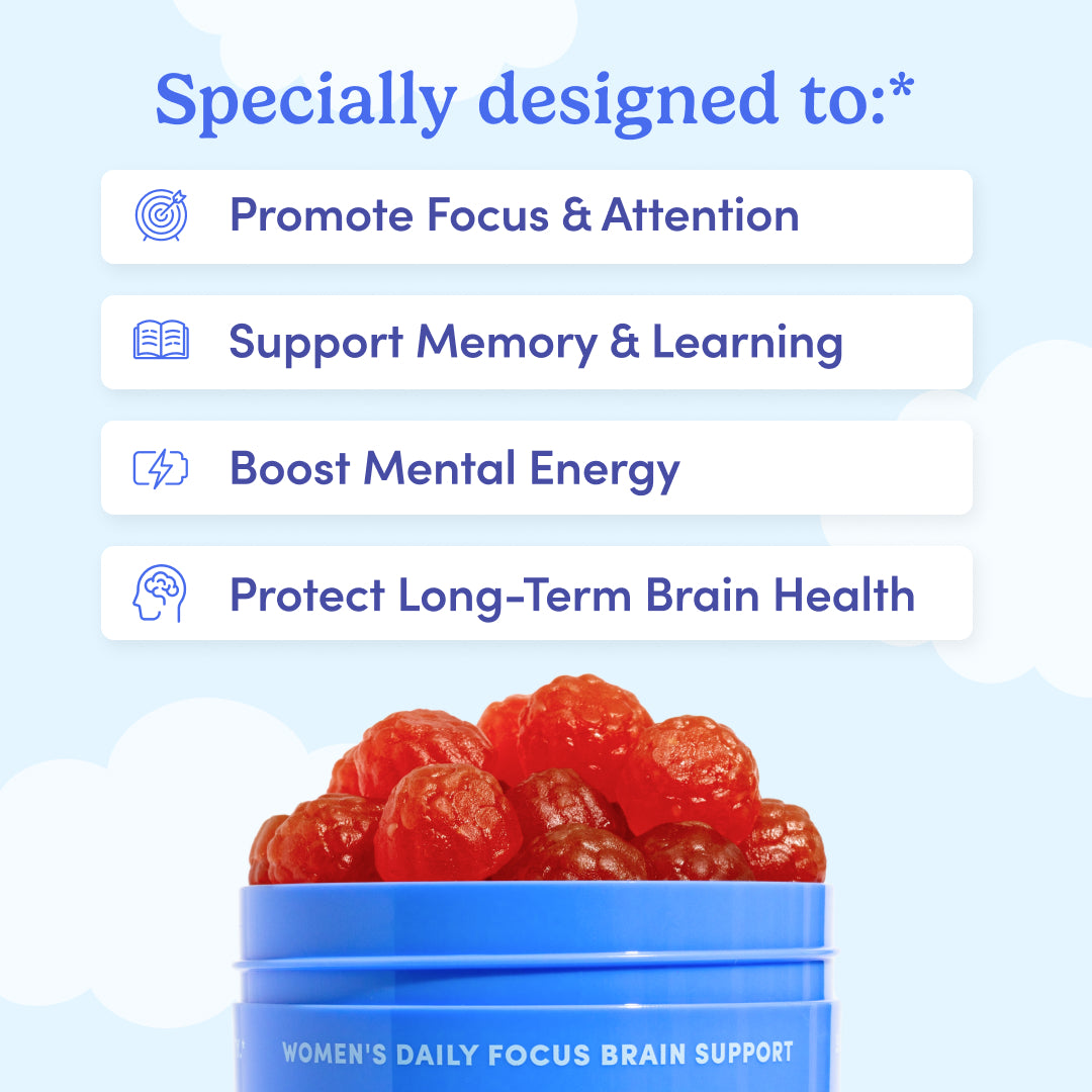 Blue container of gummy bears with text on a light blue background