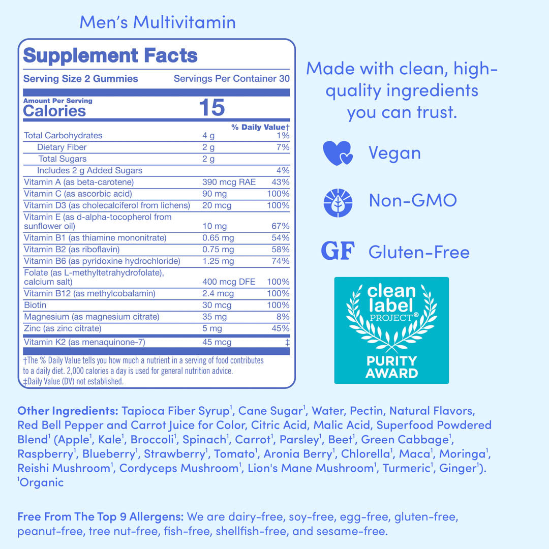 Supplement facts label with clean label project logo and product details.
