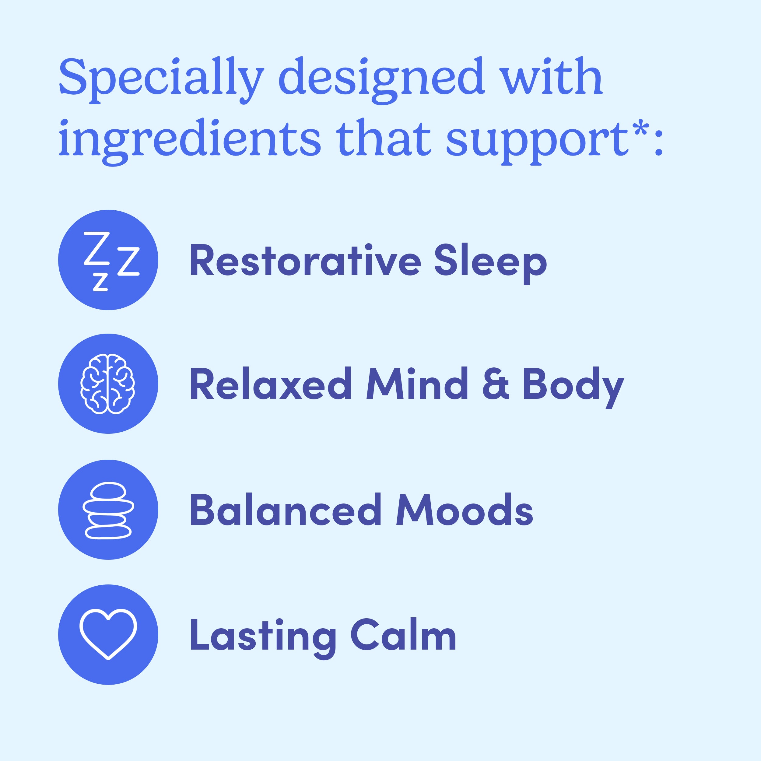 A light blue graphic lists benefits with icons: restorative sleep, relaxed mind and body, balanced moods, and lasting calm under the heading "Formulated with calming ingredients like magnesium in Kids’ Nighttime Reset Magnesium Add-On by First Day Life Inc.