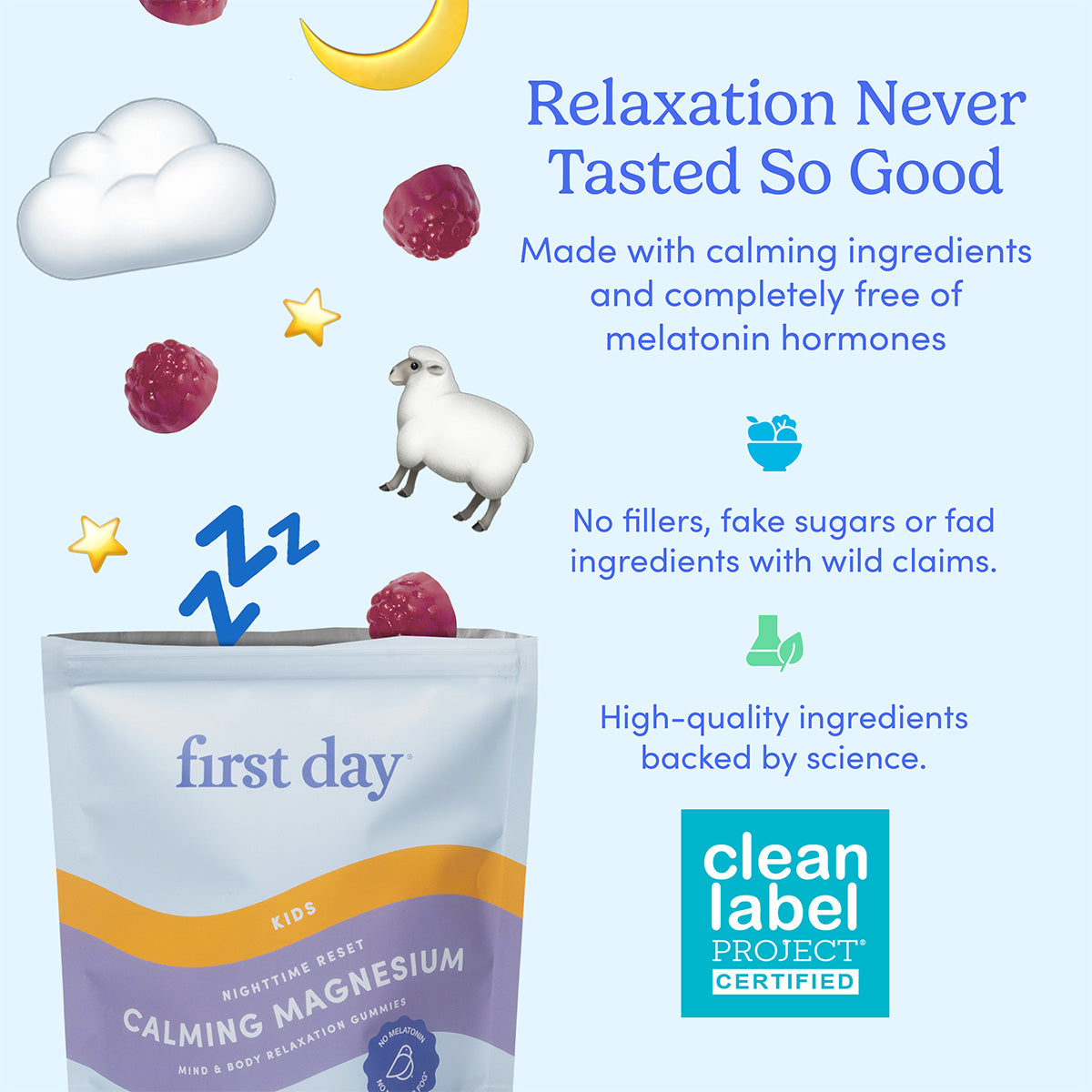 A package of Kids’ Nighttime Reset Calming Magnesium gummies appears with floating raspberries, a sheep, stars, clouds, and “Relaxation Never Tasted So Good,” showcasing this science-backed, melatonin-free sleep support for kids.