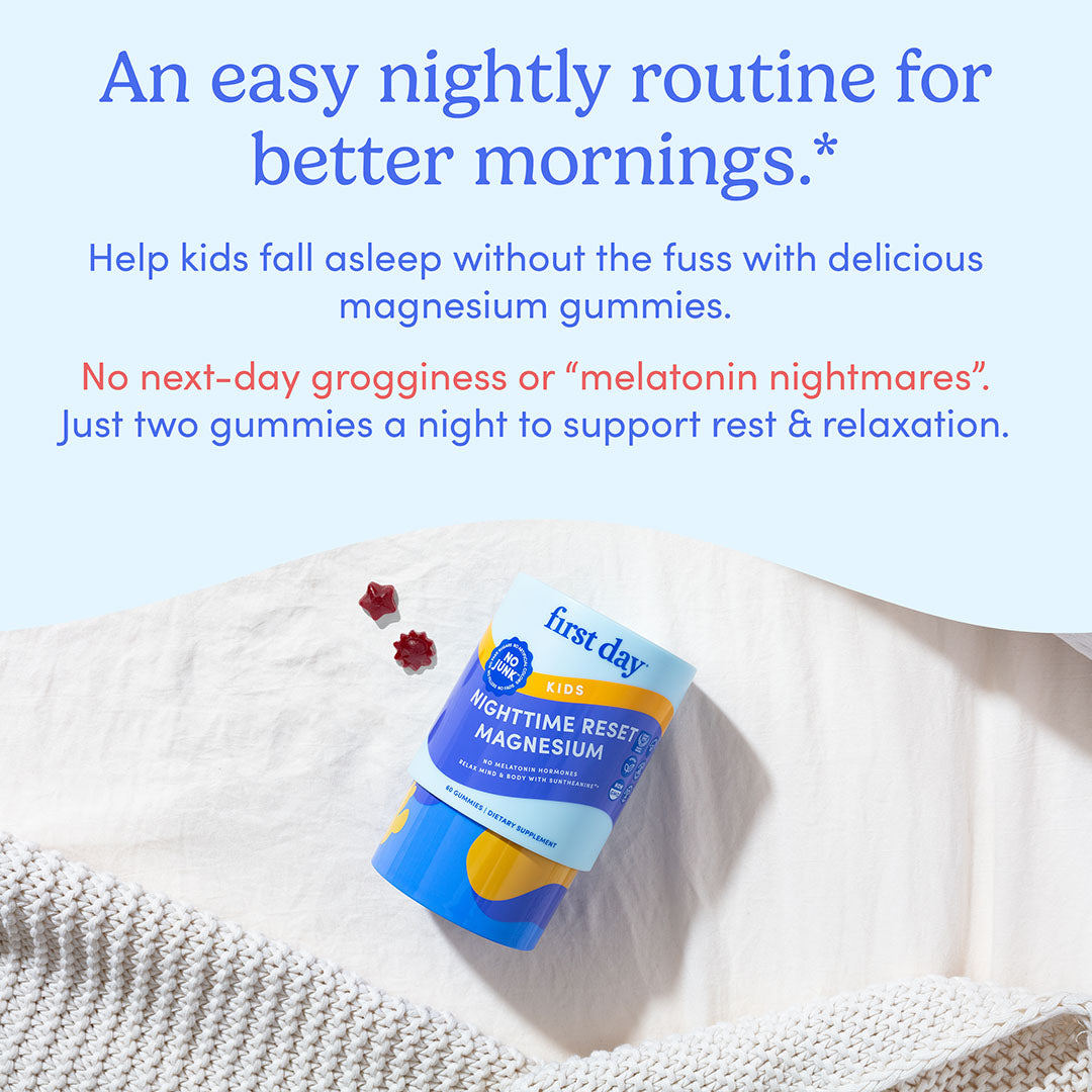 Kids’ Nighttime Reset Magnesium gummies sit on a knit blanket, with two star-shaped gummies beside them. Text above encourages a bedtime routine for restful sleep using calming ingredients and no melatonin.