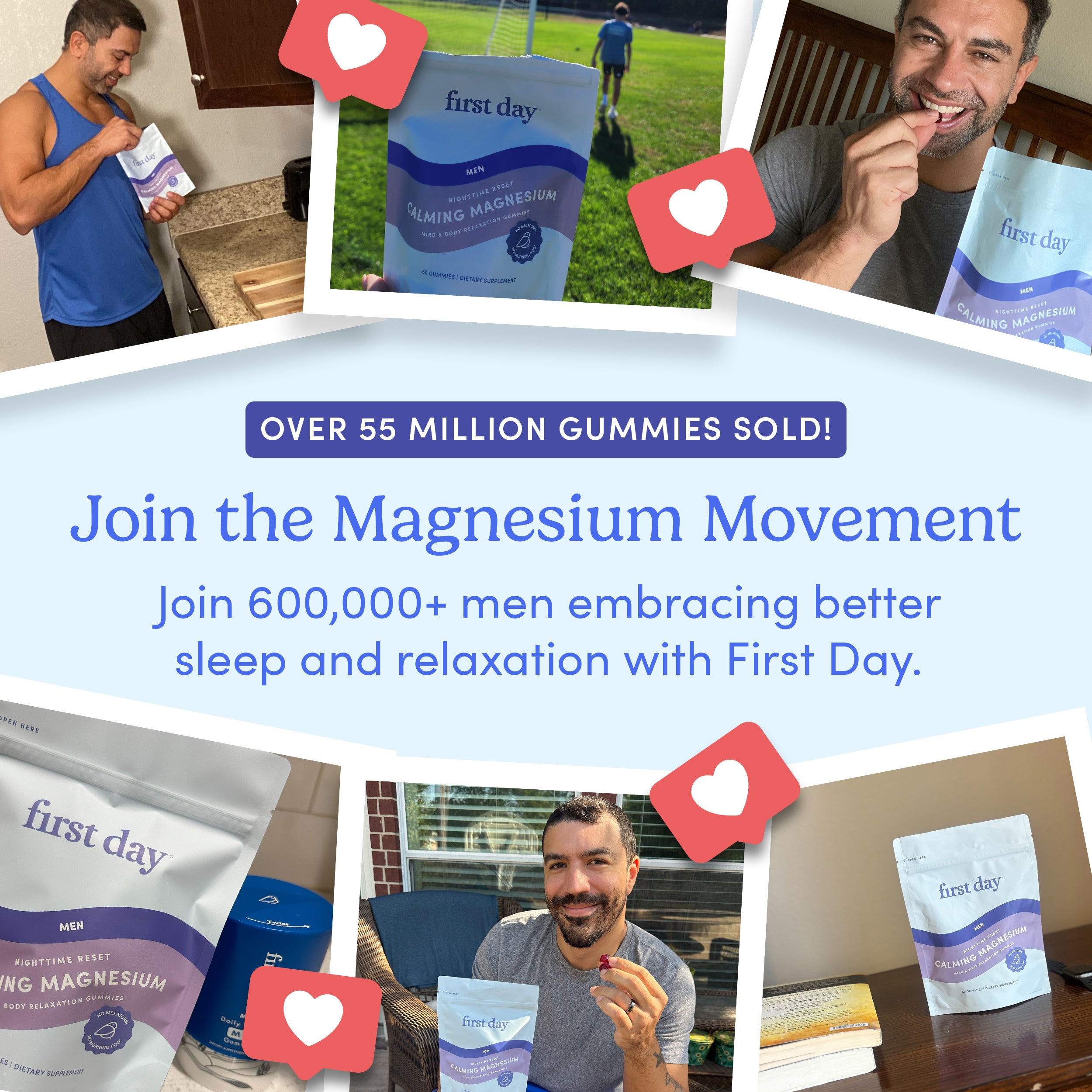 Collage of smiling men holding or eating Men’s Nighttime Reset Magnesium gummies, with heart icons and a central message about better sleep and muscle relaxation. Bag of gummies and product branding are clearly visible.