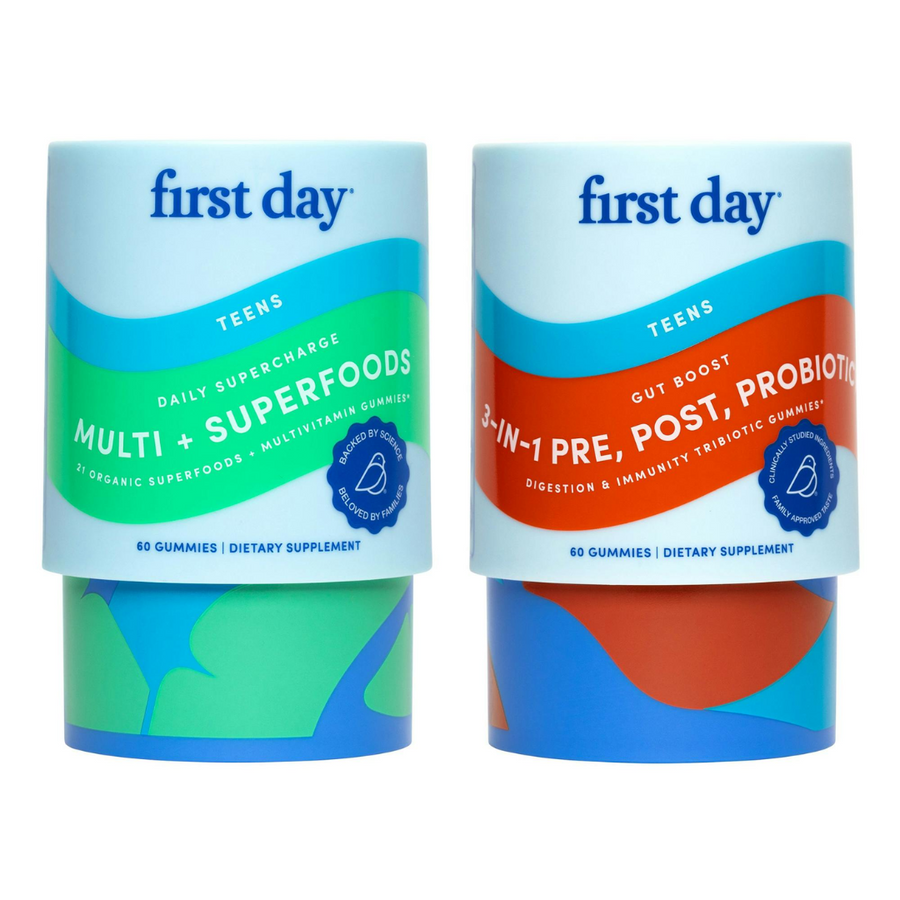 The Teens' Defense Starter Pack includes two cylindrical containers: a green-and-blue Teen Multivitamin with Superfoods and an orange-and-blue 3-in-1 Teen Probiotic, each containing 60 dietary supplement gummies.