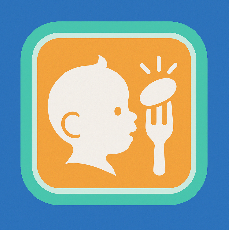 A simplified graphic of a childs profile facing a fork holding food, with a bright background and rounded border, suggesting child nutrition or feeding.
