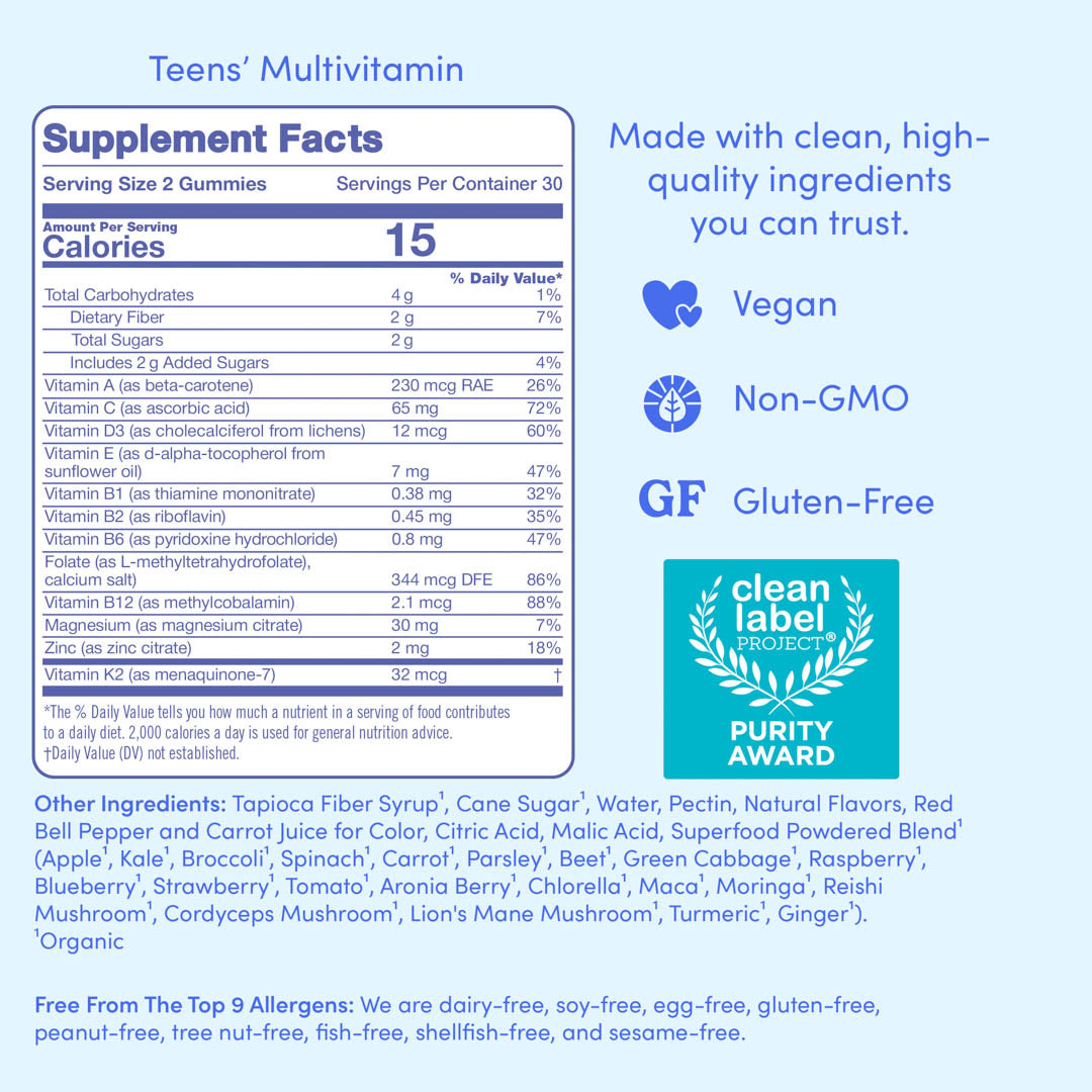 Supplement facts label with clean label project logo on a blue background