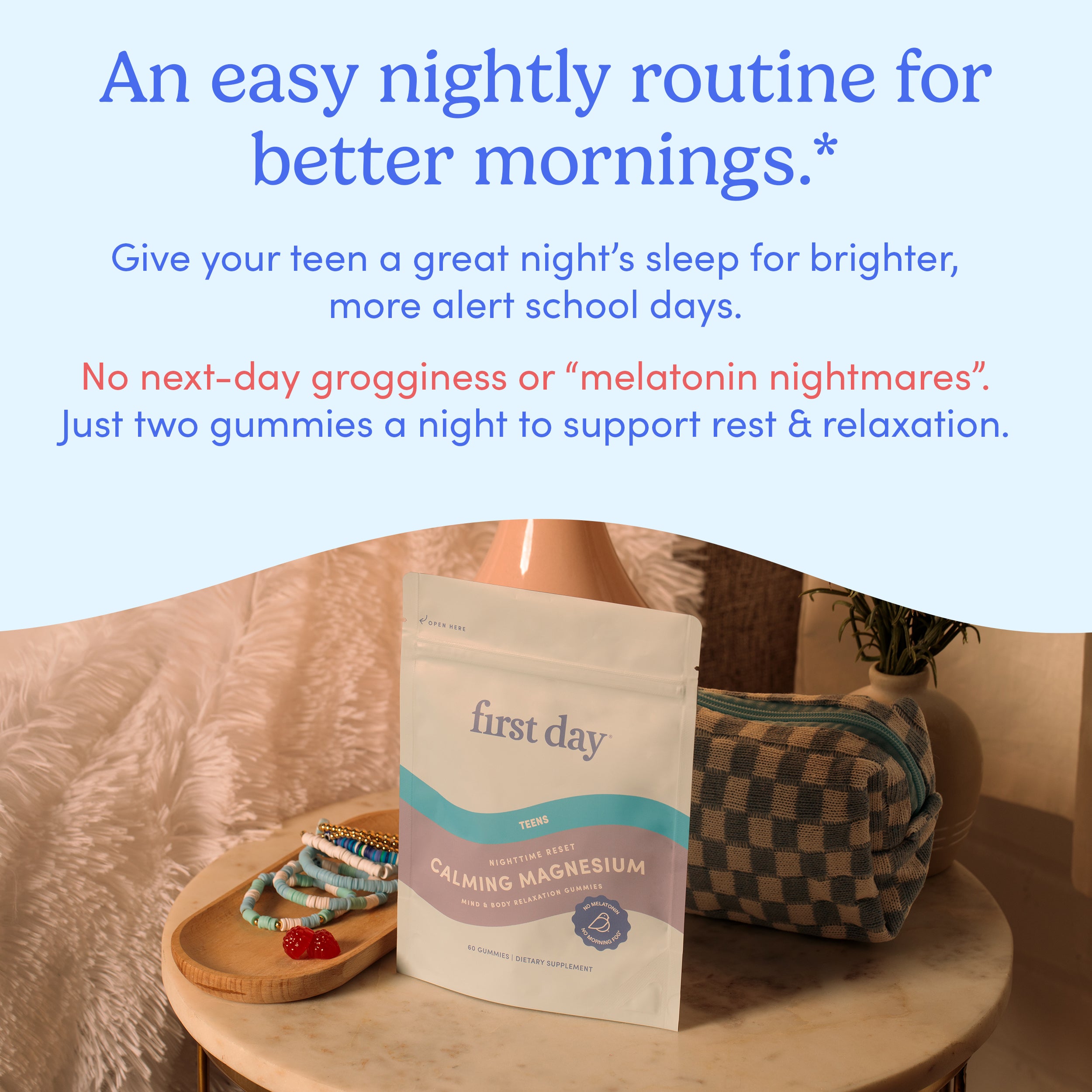 A pouch of Teens’ Nighttime Reset Calming Magnesium - Free Gift For Life sits on a round table with colorful beaded bracelets, beside a patterned bag and plant. Above, there’s promotional text highlighting a nightly sleep routine.