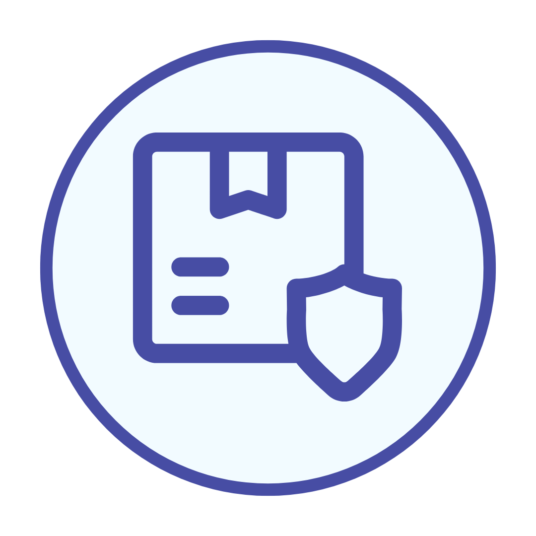 A blue outline icon of a cardboard box with a shield in front, representing Shipping Protection for secure delivery, appears inside a blue circle on a light background.