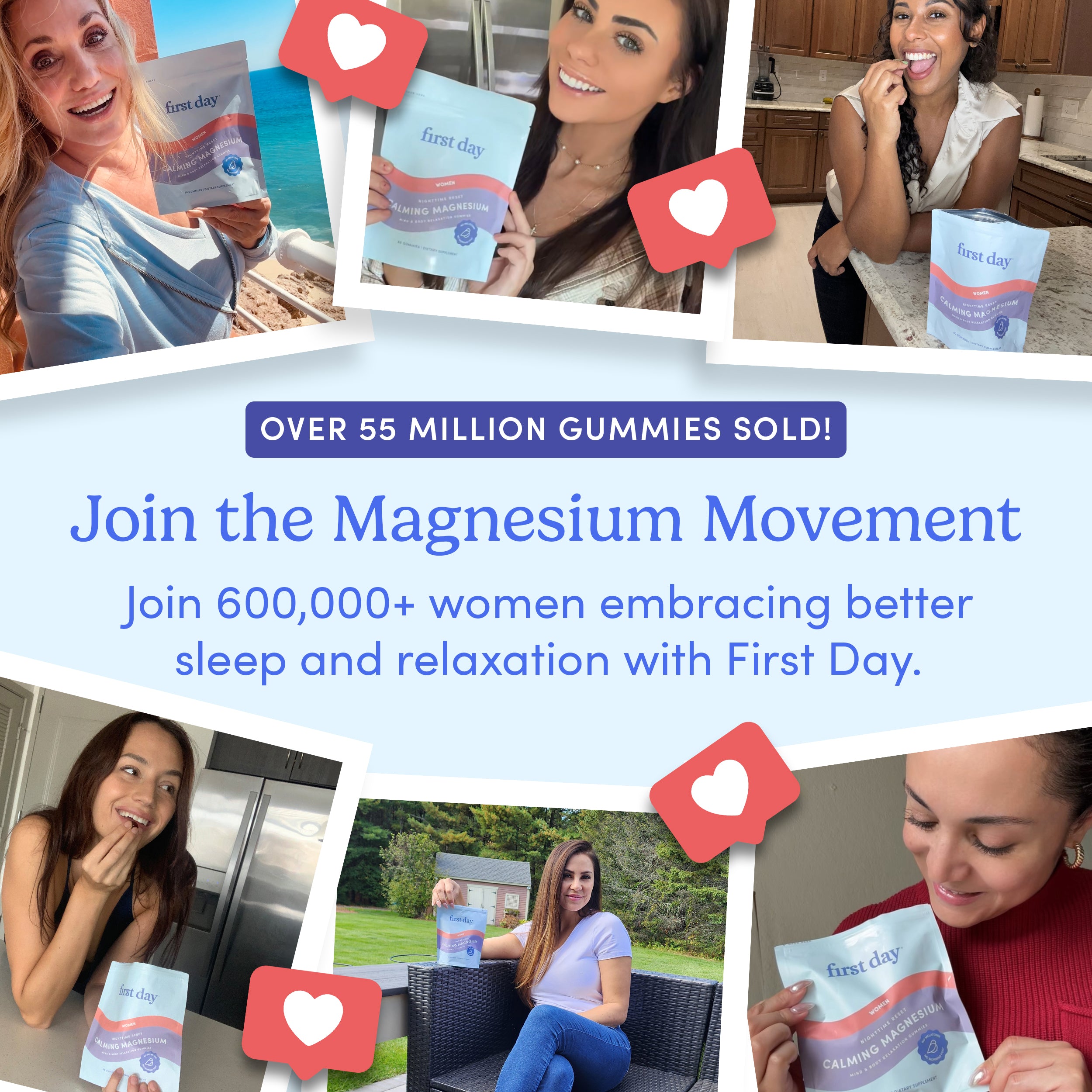 A collage of women smiling with Women’s Nighttime Reset Magnesium gummies promotes “Join the Magnesium Movement” for restorative sleep; over 600,000 women trust these calming ingredients—55M+ gummies sold.