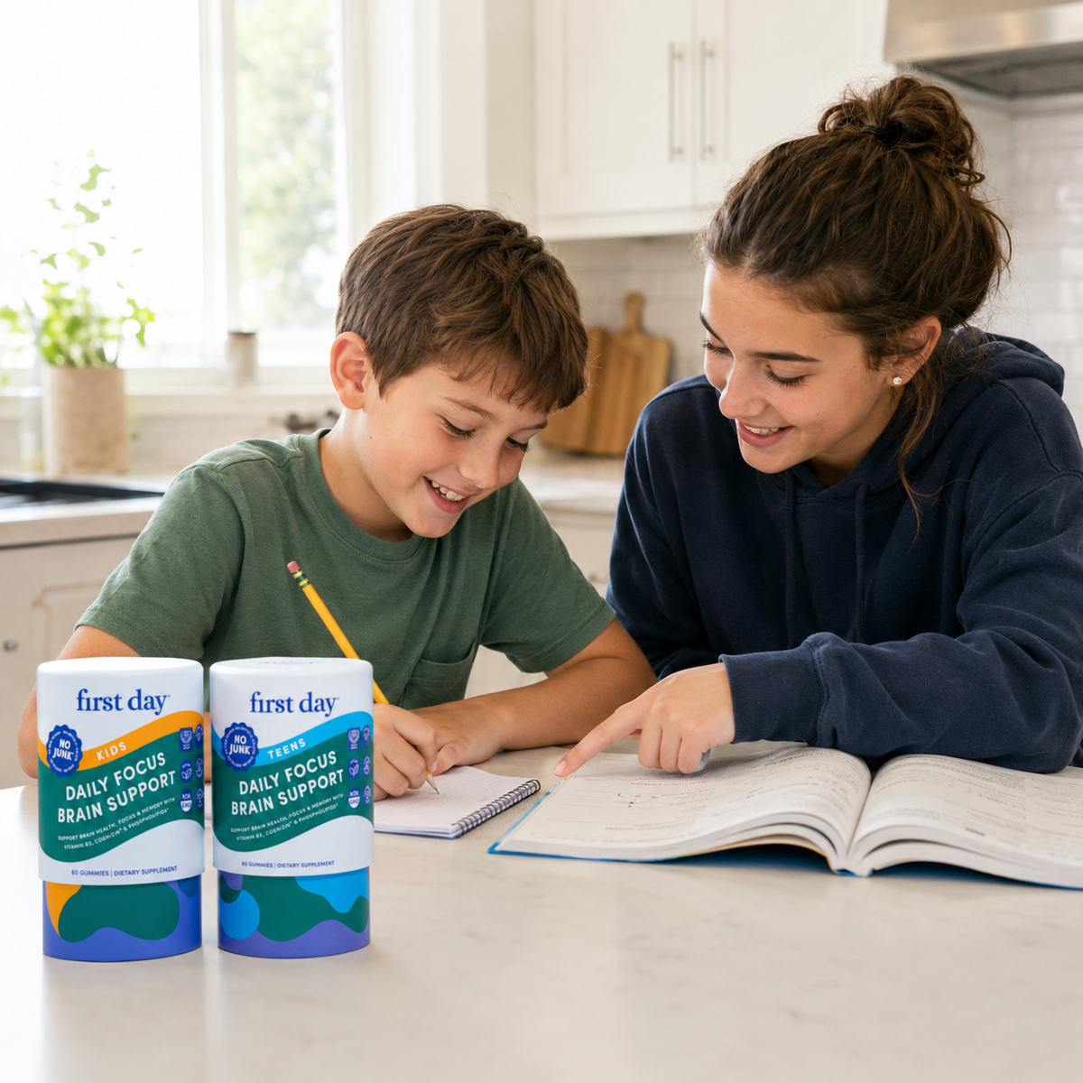 A boy and a woman sit at a kitchen counter studying, with two First Day 'Daily Focus Brain Support' supplement bottles in the foreground.