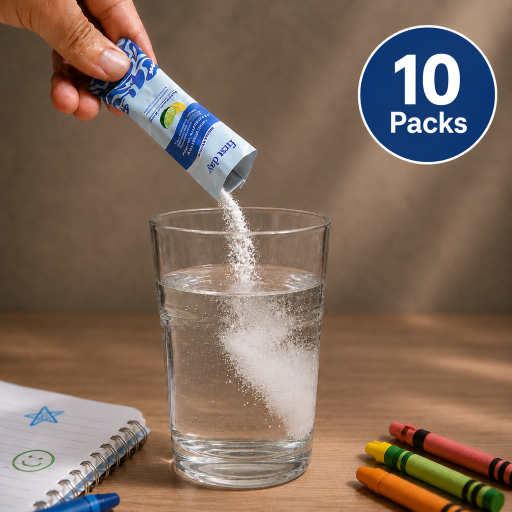 Hand pouring a packet of water supplement into a glass on a wooden table with &