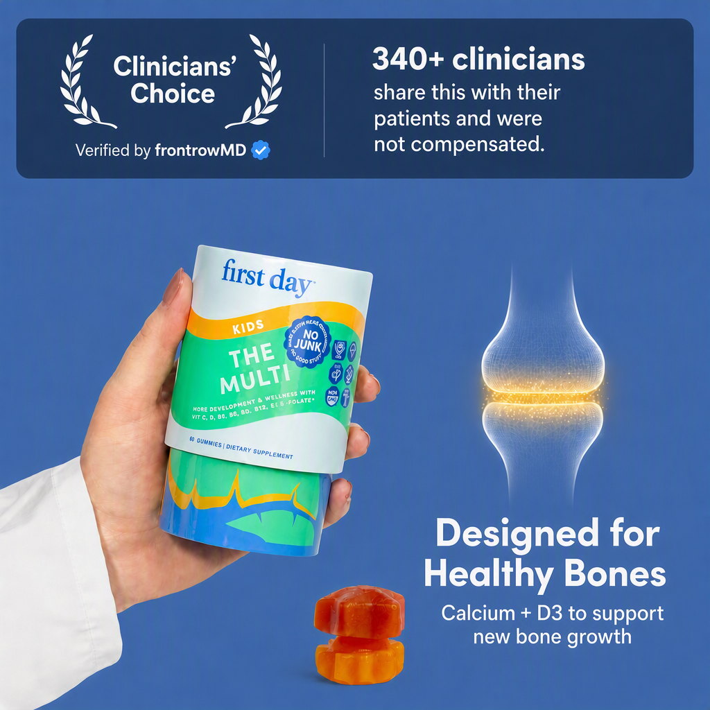 A hand holds a canister of first day Kids The Multi supplement against a blue background with marketing text and an illustration of a joint. The image includes Clinicians' Choice and Verified by frontrowMD badges.