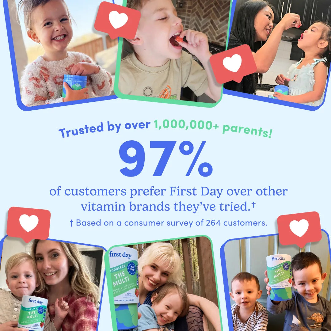 Promotional graphic for First Day Vitamin Mules featuring multiple lifestyle photos of children and parents holding the product, with large text stating &