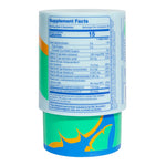 A cylindrical container of gummies showing the Supplement Facts label, with a white label, blue base, and orange and green graphic accents on a white background.