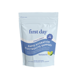 A light blue pouch labeled Rapid Hydration Electrolyte Support - Gift for the whole family, with lemon-lime flavors, vitamins, and electrolytes. Package shows a lemon-lime graphic.