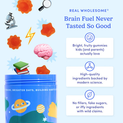 Promotional graphic for brain gummies with text about quality and ingredients on a light blue background.