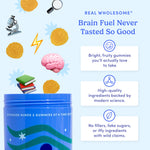 Promotional graphic for brain gummies with text about quality and ingredients on a blue background.
