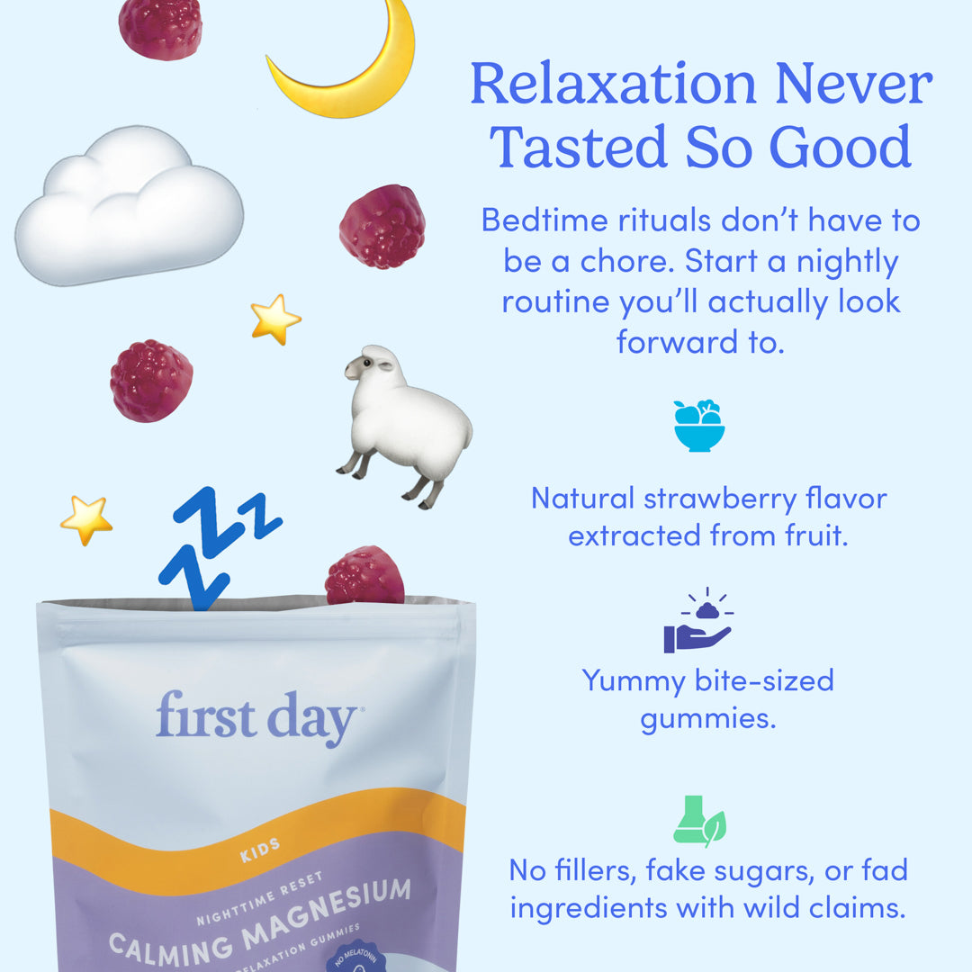 A pouch of Kids' Dream Team Starter Pack, delicious organic superfood gummies for better sleep, is surrounded by floating raspberries, a sheep, clouds, and stars. Text highlights relaxation benefits and natural strawberry flavor.