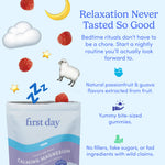 A Teens' Dream Team Starter Pack with calming magnesium gummies, floating raspberries, a sheep, and text highlighting relaxation, teen wellness, bedtime routines, natural flavors, bite-sized gummies, and no fillers or fake sugars.