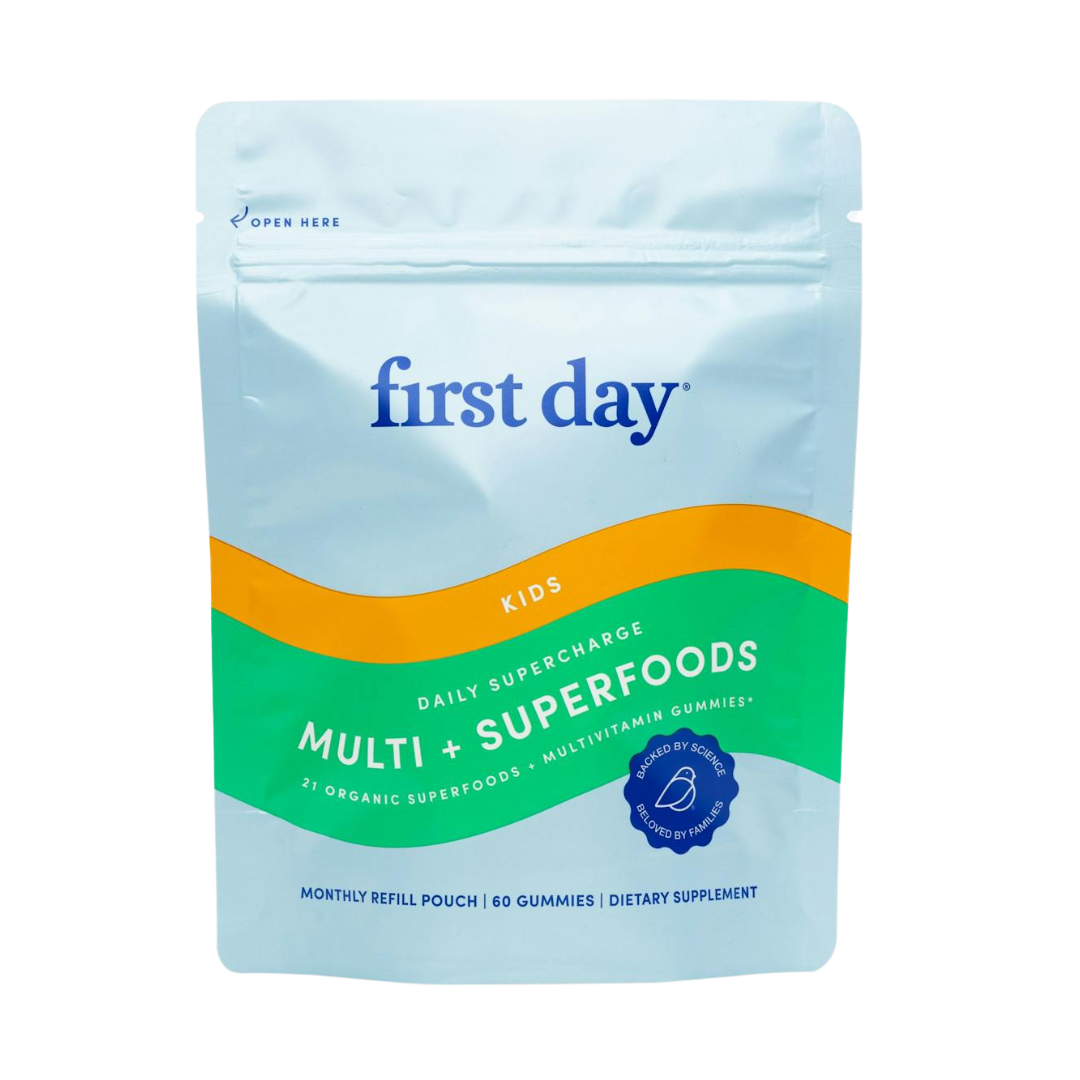The "No Junk"™ Kids’ Multi - Refill Pouch contains 60 organic multivitamin gummies in a resealable, colorful pouch and is described as a daily supercharge dietary supplement for kids.