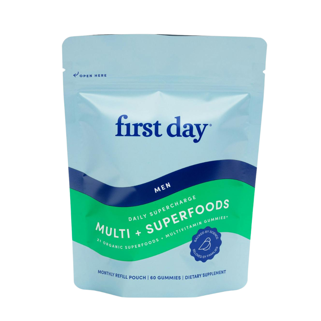 A light blue and green resealable pouch labeled Mens Daily Provisions - Refill Pouch holds 60 men's multivitamin gummies, designed as a monthly refill with daily supercharge multi + superfoods.