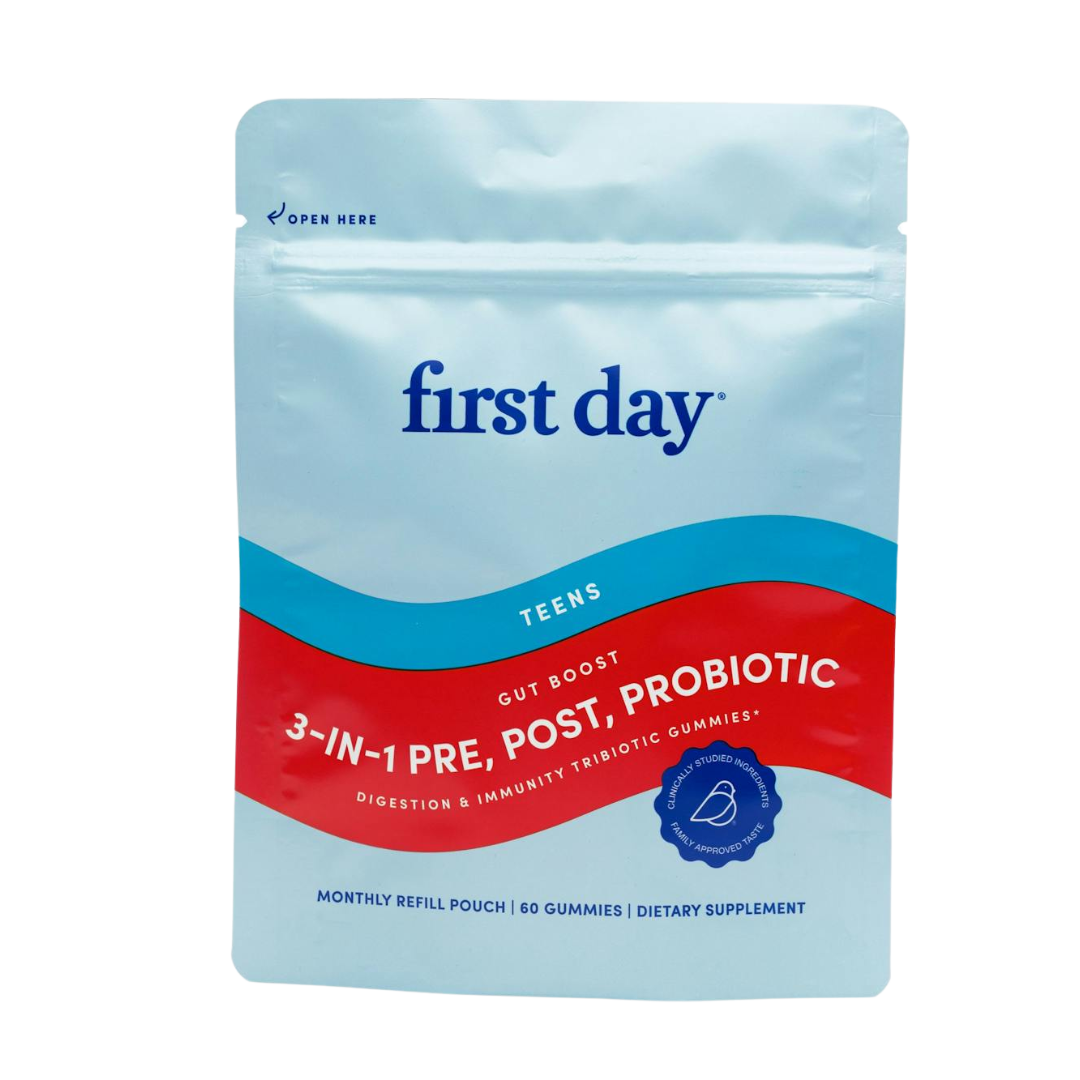 The Teens' Gut Sustainer Pouch Refills offer 60 probiotic gummies per monthly resealable pouch to support digestive health and immunity, making it a simple supplement option for teens.