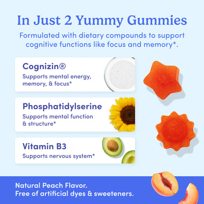 Gummy vitamins with ingredients and benefits on a blue background