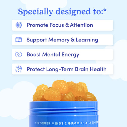 Blue container of gummies with text highlighting benefits on a light blue background