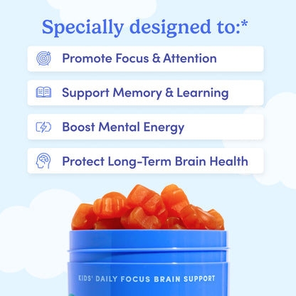 Blue container of gummy bears with text on a light blue background