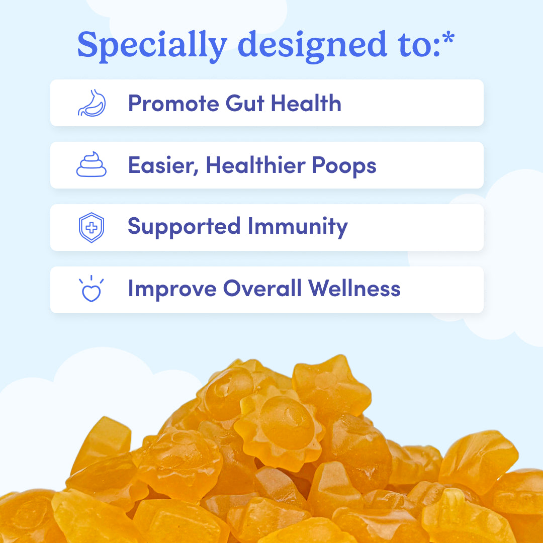 Orange gummy bears with health benefits listed on a blue background