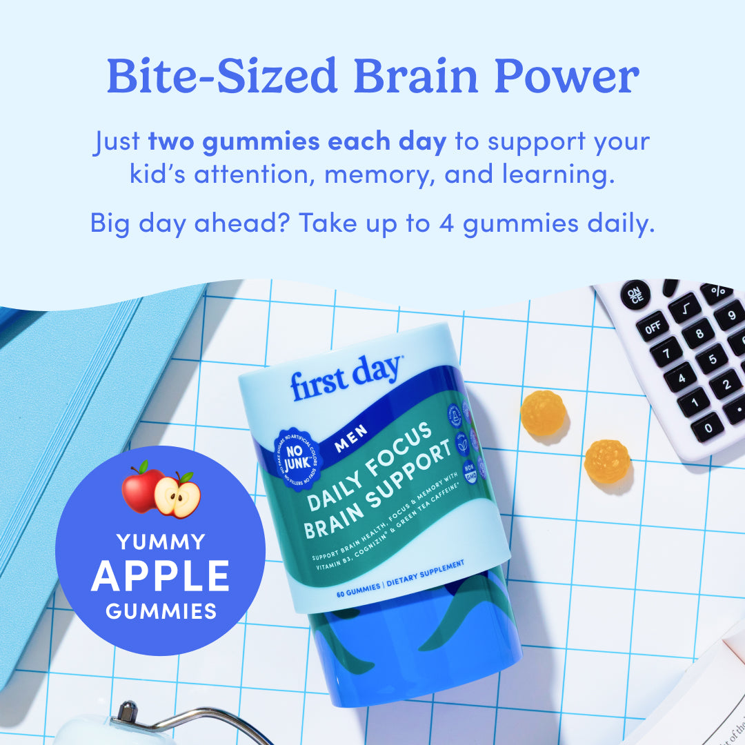 Packaging of 'first day' brain support gummies with text on a grid background