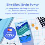 Packaging of 'first day' brain support gummies with text on a grid background