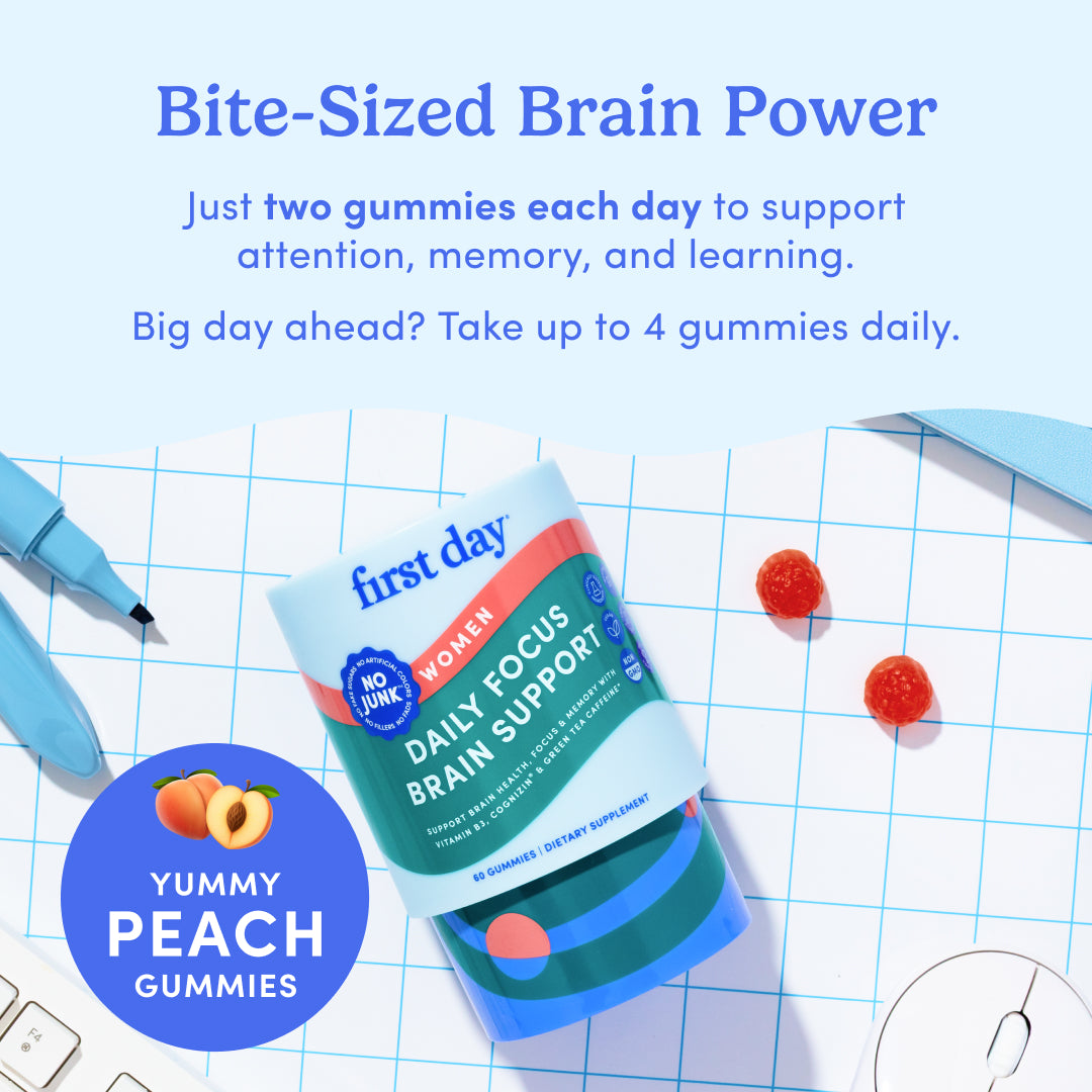 First Day Women's Daily Focus Brain Support gummies packaging on a grid background with text about brain health.