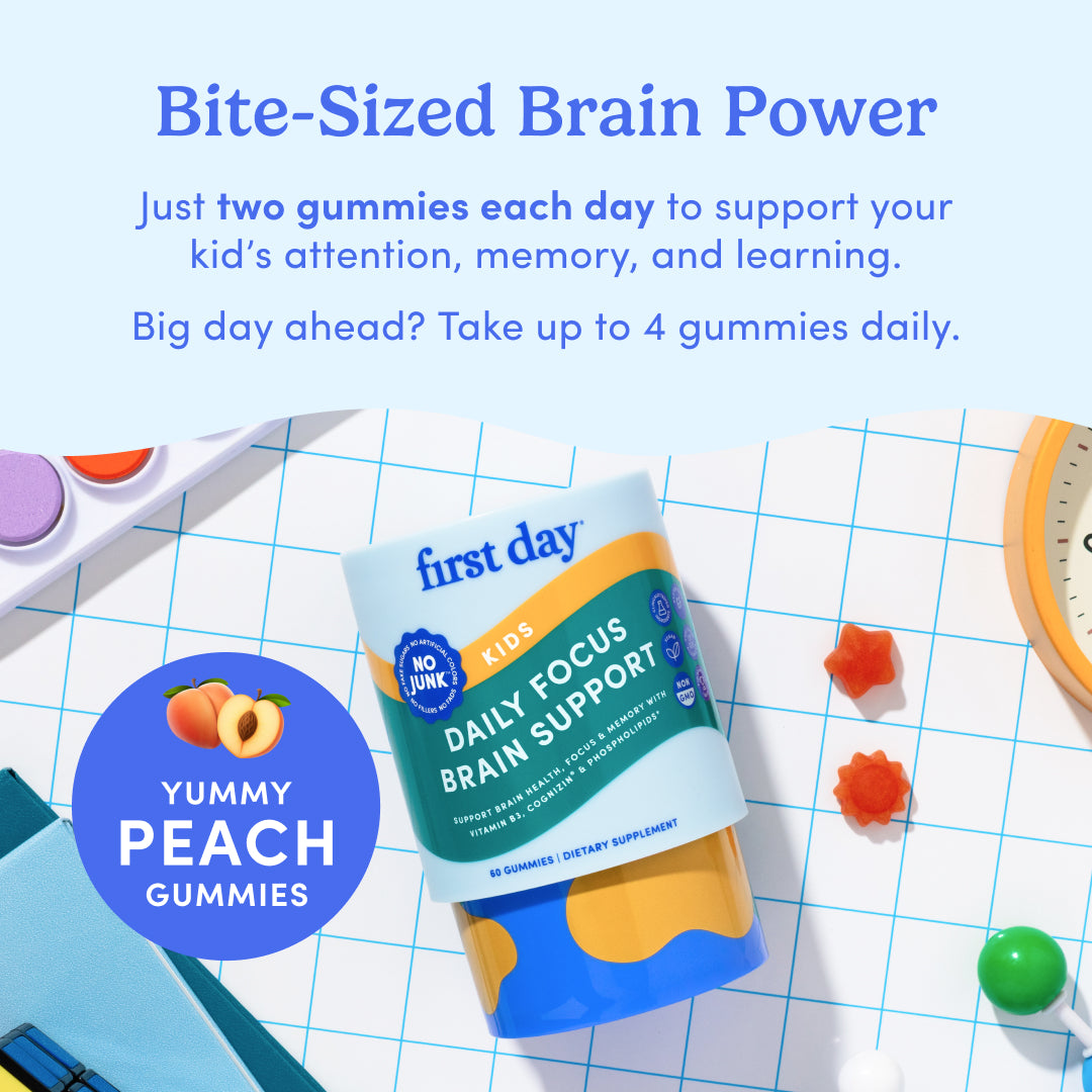 Packaging of 'first day' kids daily focus brain support gummies with educational items in the background.