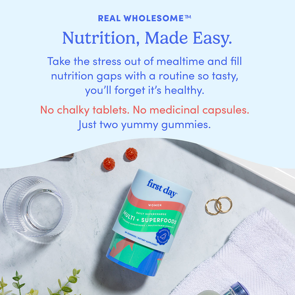 Gummy vitamin container with text about 'Real Wholesome' nutrition on a light blue background.