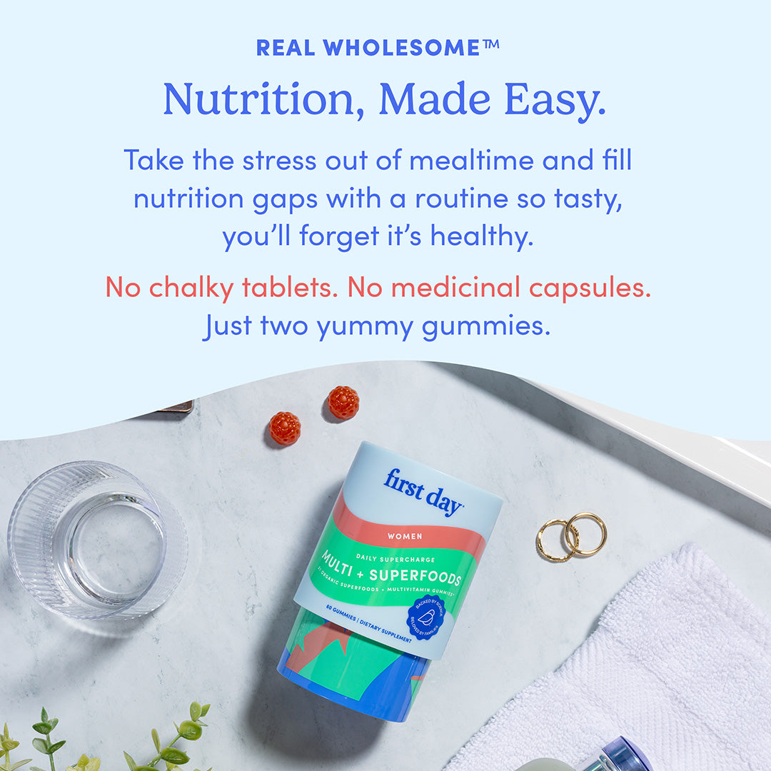 Gummy vitamin container with text about 'Real Wholesome' nutrition on a light blue background.