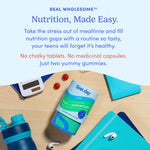 Product packaging with text about 'Real Wholesome' nutrition gummies on a wooden surface. Nutrition, made easy.