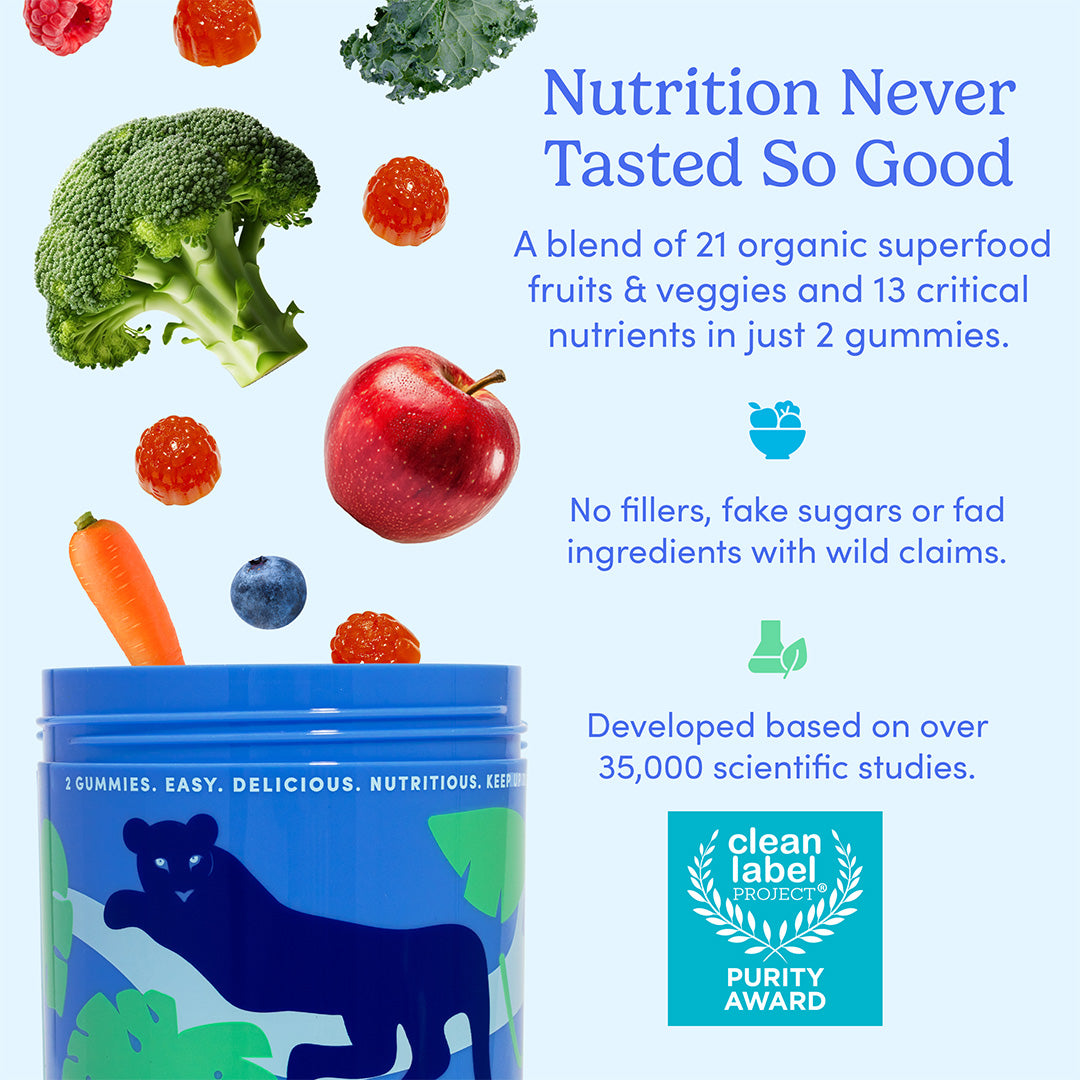 Gummy supplement container with superfood ingredients and branding on a light blue background