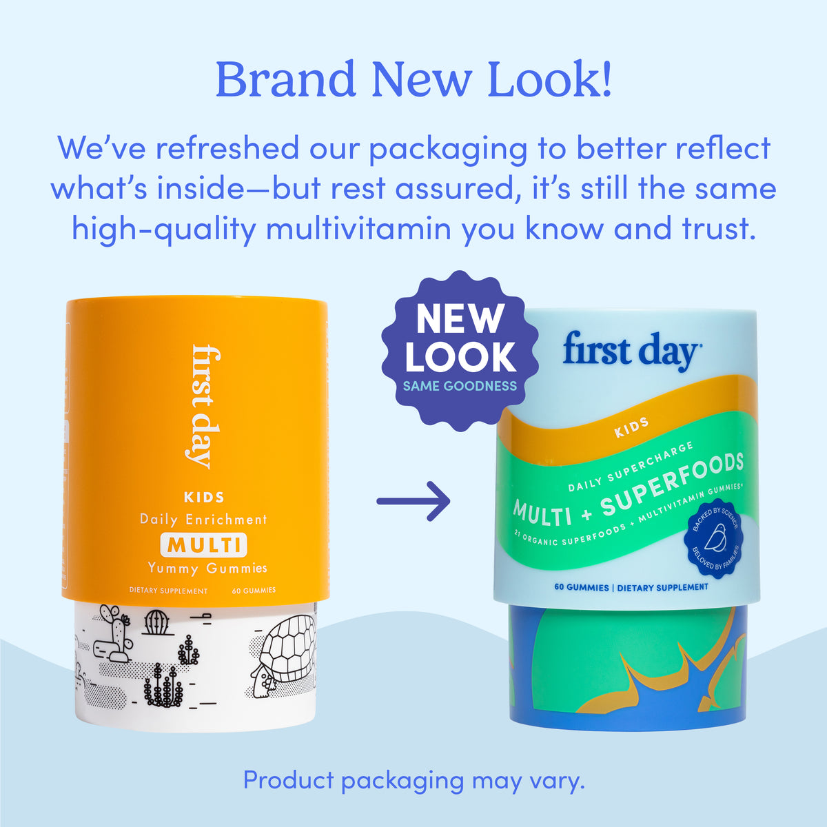 New packaging to better reflect what's inside but the same multivitamin you know and trust.