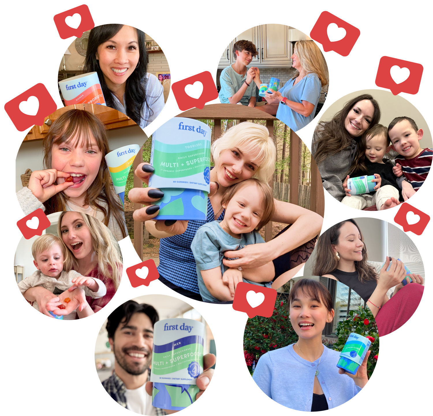 A collage of smiling adults and children holding First Day multivitamin bottles, surrounded by social media heart icons, showing happy families enjoying the product in various home and outdoor settings.