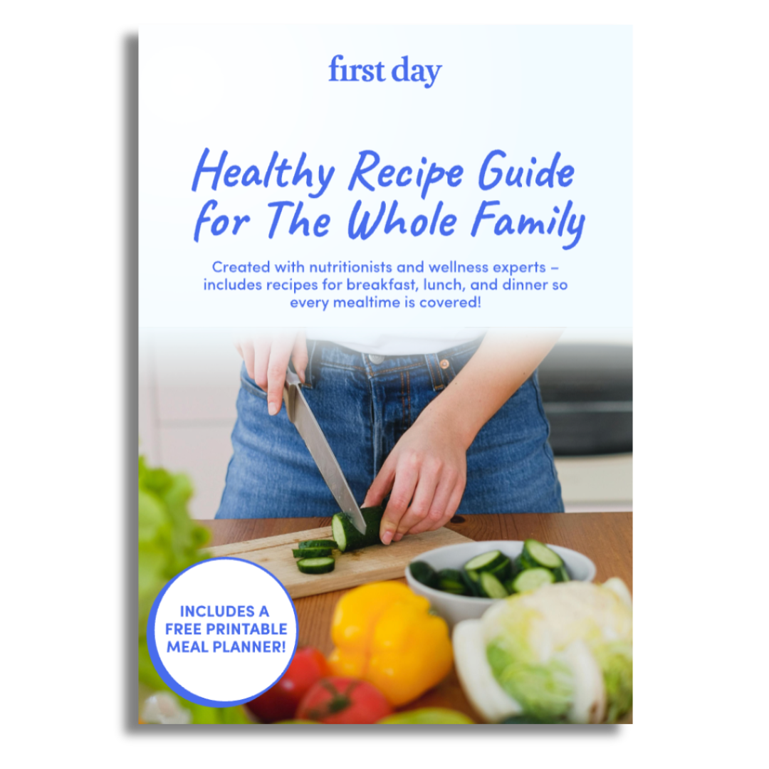 The Healthy Eating Meal Planner features a cover with someone slicing cucumber among veggies. A blue badge highlights: INCLUDES A FREE PRINTABLE MEAL PLANNER! Perfect for planning healthy meals for the whole family.