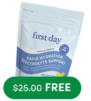 A light blue pouch labeled first day Whole Family Rapid Hydration Electrolyte Support with lemon and lime images. A green banner below shows $25.00 FREE in white text.