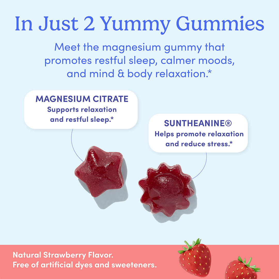 Two star-shaped red gummies—First Day Life Inc.'s Kids’ Nighttime Reset Magnesium Add-On—highlight restful sleep benefits from calming ingredients like magnesium citrate and Suntheanine. These strawberry gummies are free of artificial dyes and sweeteners.