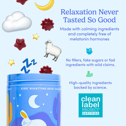 Package reads no melatonin hormones and shows red gummy stars, a sheep, a cloud, and Z’s above it. Text highlights calming sleep support and Clean Label Project certification. 