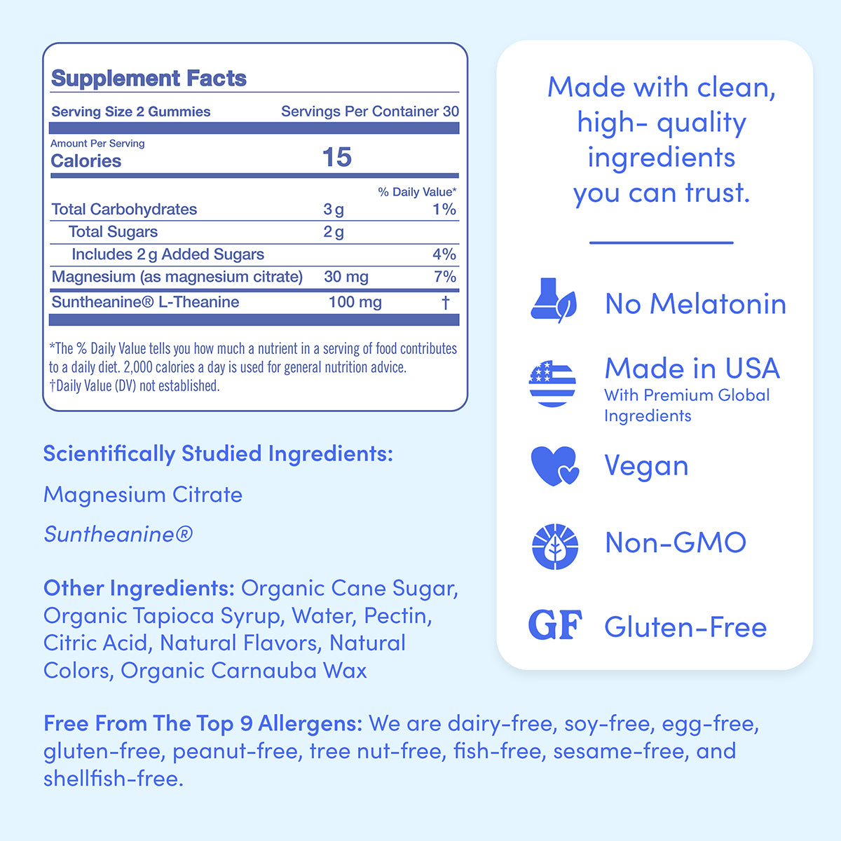 Kids’ Nighttime Reset Calming Magnesium - Free For Life: Supplement facts label lists ingredients, nutrition, and benefits. No melatonin, made in USA, vegan, non-GMO, gluten &amp; allergen-free—ideal for kids needing restful sleep support.