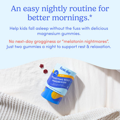 Kids’ Nighttime Reset Magnesium gummies sit on a knit blanket, with two star-shaped gummies beside them. Text above encourages a bedtime routine for restful sleep using calming ingredients and no melatonin.