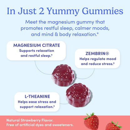 Two bottles of Men’s Nighttime Reset Magnesium gummies are shown on a light blue background. Text highlights magnesium citrate, Zembrin®, and L-theanine for muscle relaxation, sleep support, stress relief, and mood boost. Strawberries appear nearby.