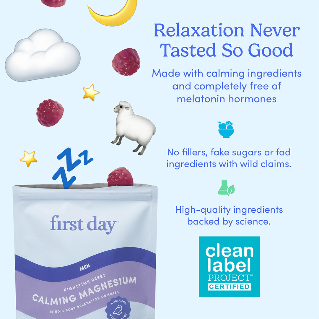 A package of Men’s Nighttime Reset Calming Magnesium is shown with clouds, a crescent moon, stars, raspberries, a sheep, and “Zzz” symbols. The text highlights melatonin-free calming ingredients and Clean Label Project certification for better sleep.