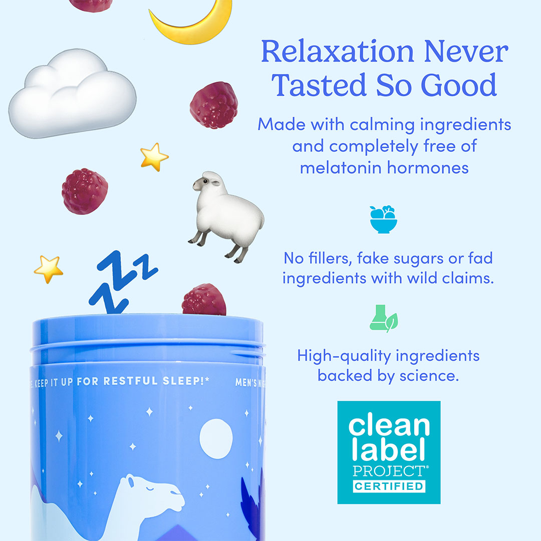 Men’s Nighttime Reset Magnesium comes in a blue container with polar bear and arctic designs. Above are illustrations of a sheep, clouds, stars, raspberries, and a sleep symbol. It features calming, melatonin-free ingredients and Clean Label Project certification.